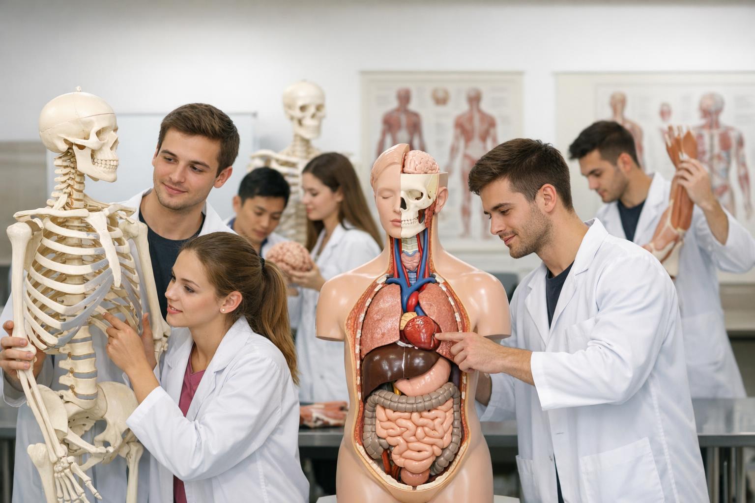 Zdjęcie grupy studentów ćwiczących na modelach anatomicznych w pracowni