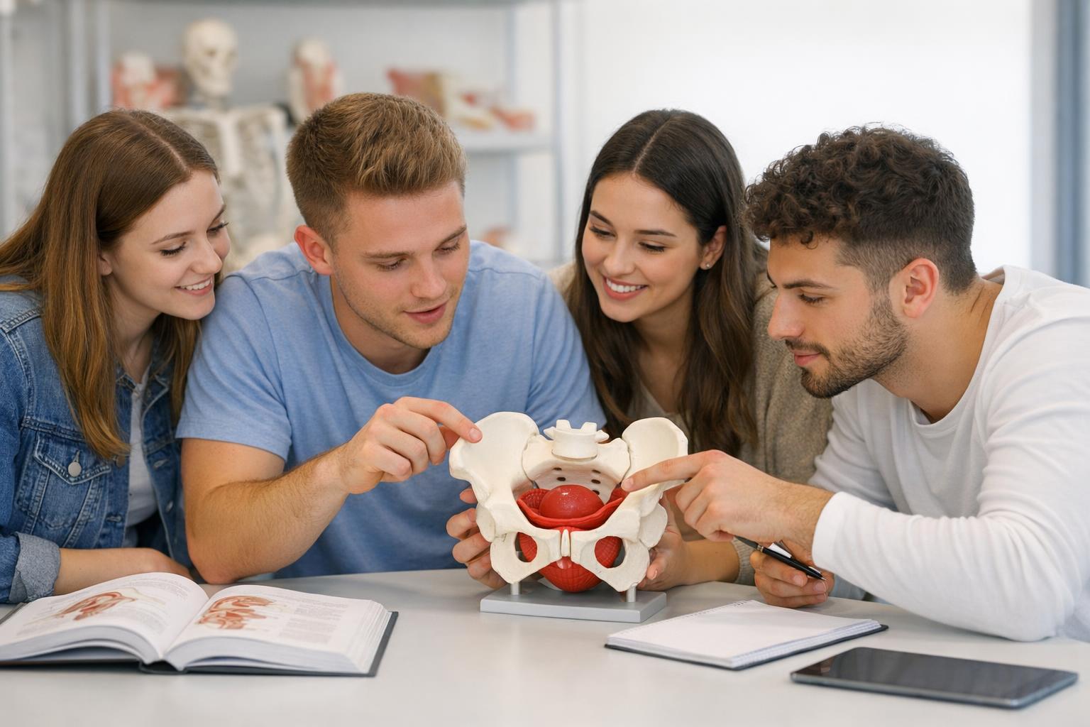 Zdjęcie grupy studentów pracujących z modelem miednicy